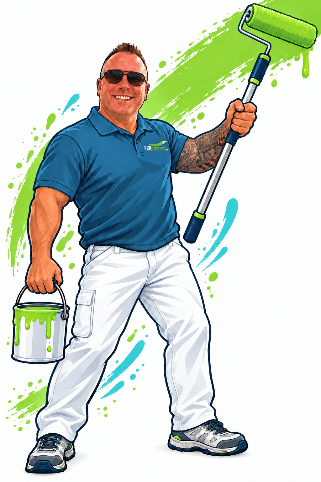 Smiling man in blue polo holding a green paint bucket and long paint roller.